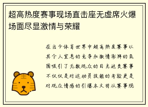 超高热度赛事现场直击座无虚席火爆场面尽显激情与荣耀