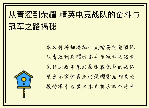 从青涩到荣耀 精英电竞战队的奋斗与冠军之路揭秘