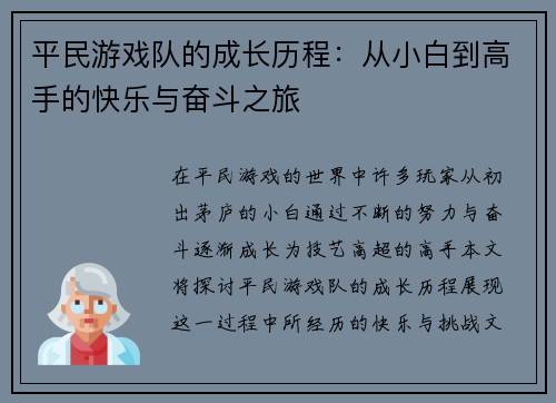 平民游戏队的成长历程：从小白到高手的快乐与奋斗之旅
