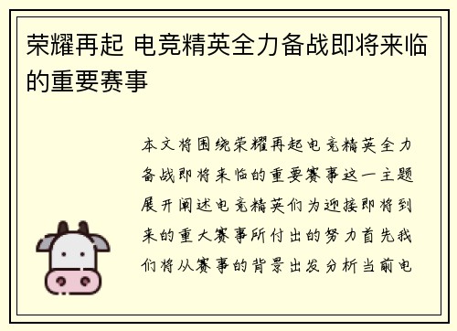荣耀再起 电竞精英全力备战即将来临的重要赛事