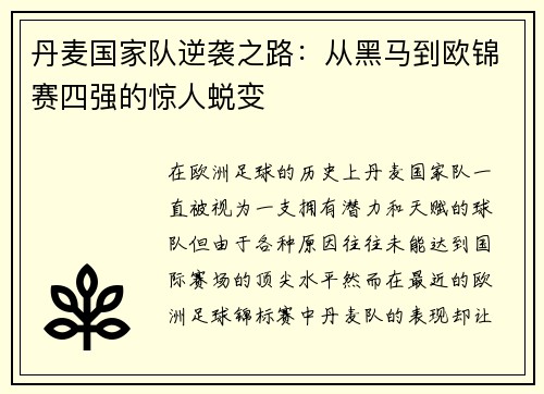 丹麦国家队逆袭之路：从黑马到欧锦赛四强的惊人蜕变