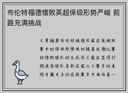 布伦特福德惜败英超保级形势严峻 前路充满挑战