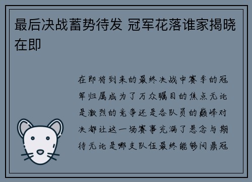 最后决战蓄势待发 冠军花落谁家揭晓在即