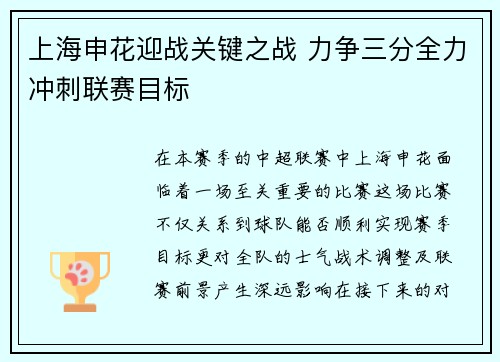 上海申花迎战关键之战 力争三分全力冲刺联赛目标