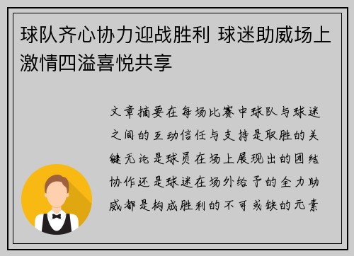 球队齐心协力迎战胜利 球迷助威场上激情四溢喜悦共享
