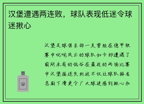 汉堡遭遇两连败，球队表现低迷令球迷揪心
