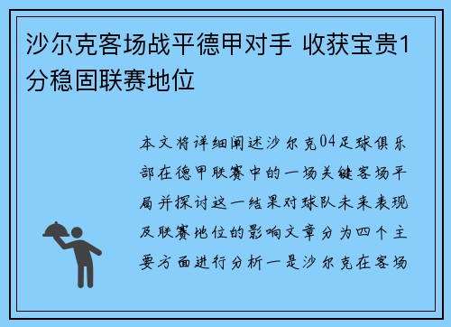 沙尔克客场战平德甲对手 收获宝贵1分稳固联赛地位