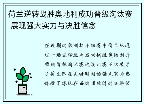 荷兰逆转战胜奥地利成功晋级淘汰赛 展现强大实力与决胜信念