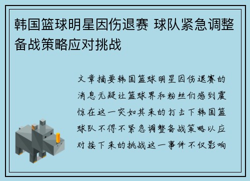 韩国篮球明星因伤退赛 球队紧急调整备战策略应对挑战