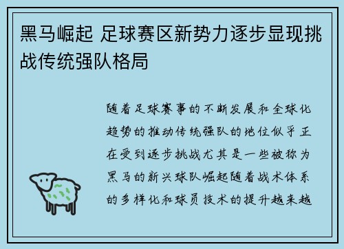 黑马崛起 足球赛区新势力逐步显现挑战传统强队格局