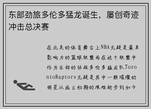 东部劲旅多伦多猛龙诞生，屡创奇迹冲击总决赛