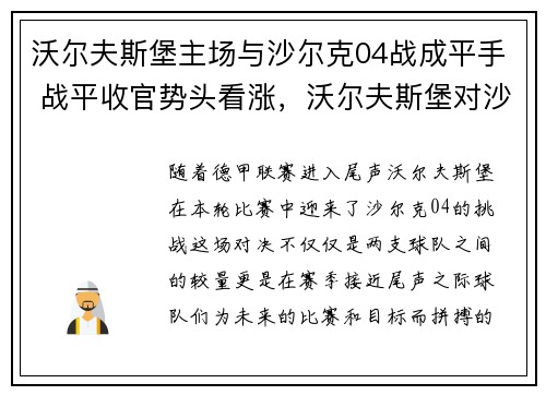 沃尔夫斯堡主场与沙尔克04战成平手 战平收官势头看涨，沃尔夫斯堡对沙尔克历史战绩