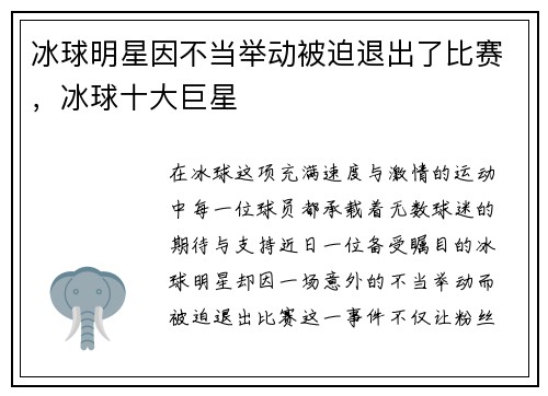 冰球明星因不当举动被迫退出了比赛，冰球十大巨星