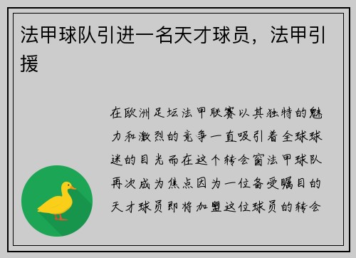 法甲球队引进一名天才球员，法甲引援