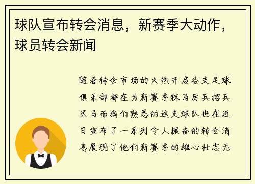 球队宣布转会消息，新赛季大动作，球员转会新闻
