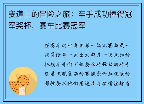 赛道上的冒险之旅：车手成功捧得冠军奖杯，赛车比赛冠军