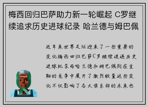 梅西回归巴萨助力新一轮崛起 C罗继续追求历史进球纪录 哈兰德与姆巴佩争霸金靴
