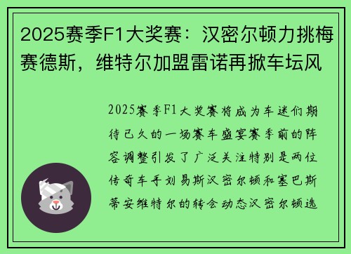 2025赛季F1大奖赛：汉密尔顿力挑梅赛德斯，维特尔加盟雷诺再掀车坛风云