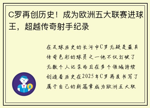 C罗再创历史！成为欧洲五大联赛进球王，超越传奇射手纪录