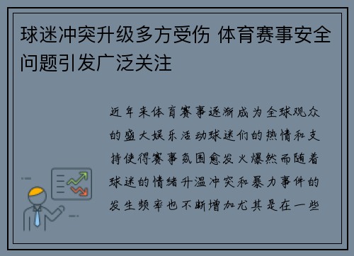 球迷冲突升级多方受伤 体育赛事安全问题引发广泛关注
