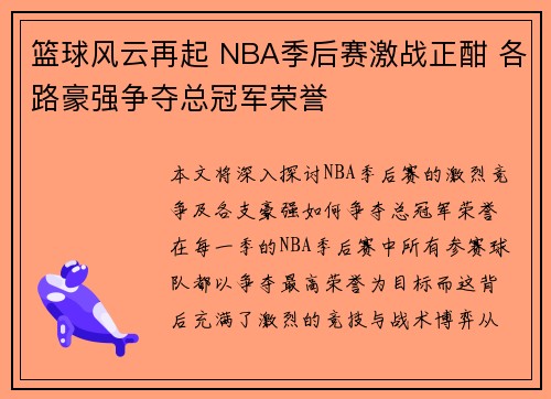 篮球风云再起 NBA季后赛激战正酣 各路豪强争夺总冠军荣誉