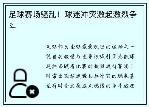 足球赛场骚乱！球迷冲突激起激烈争斗