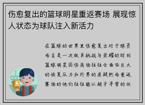 伤愈复出的篮球明星重返赛场 展现惊人状态为球队注入新活力